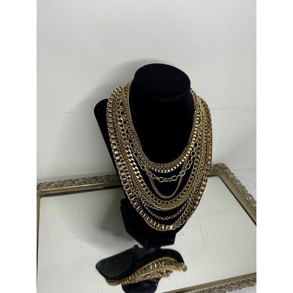 Unsigned Gold Tone Collar Bib Necklace Large Chain Link Multilayer - Picture 3 of 7